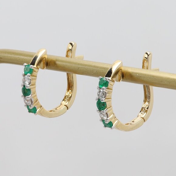 14k small Emerald Huggie Earrings Very cute Emeralds and Diamonds Earring - Picture 1 of 7